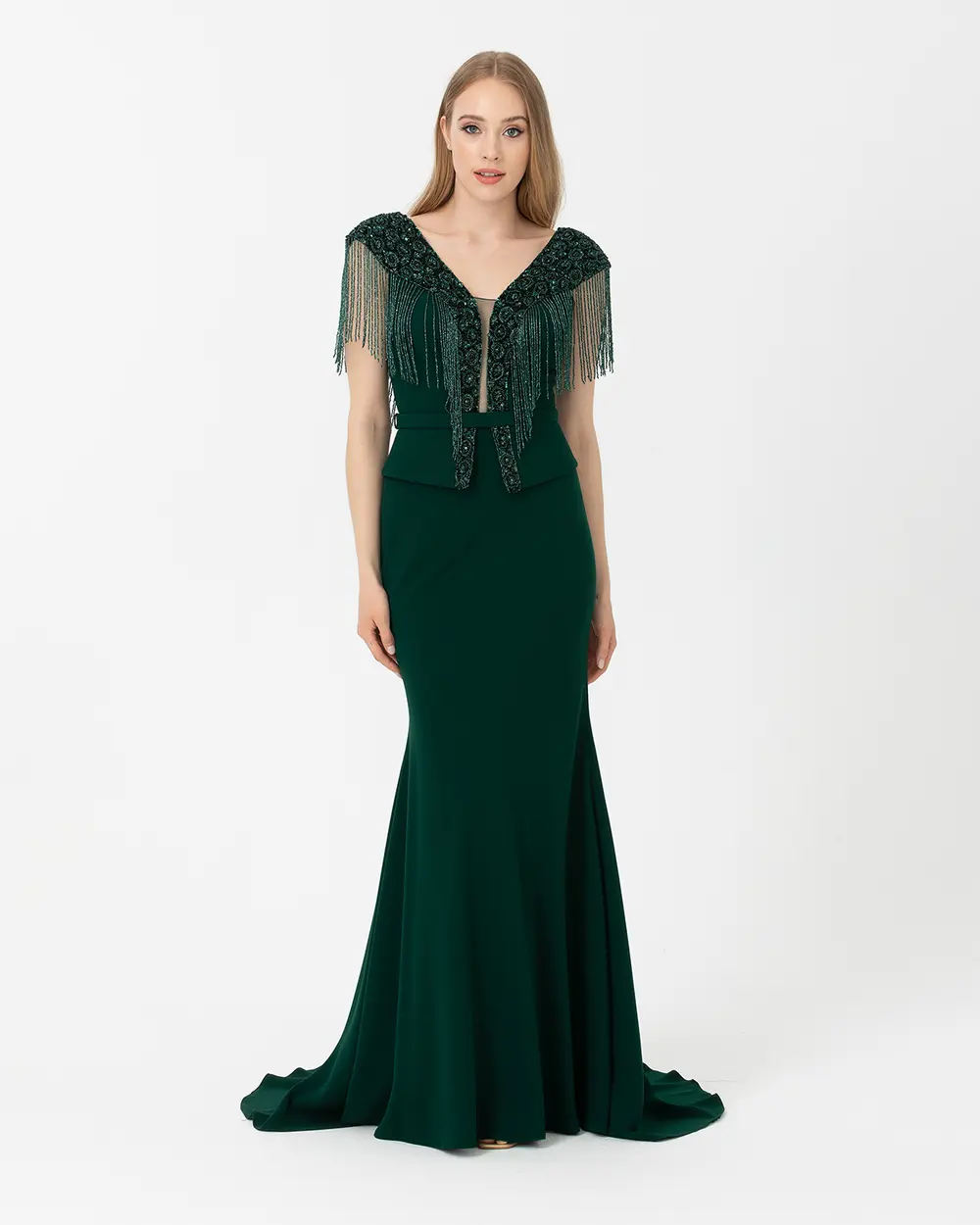 Fish Form V Neck Crepe Evening Dress