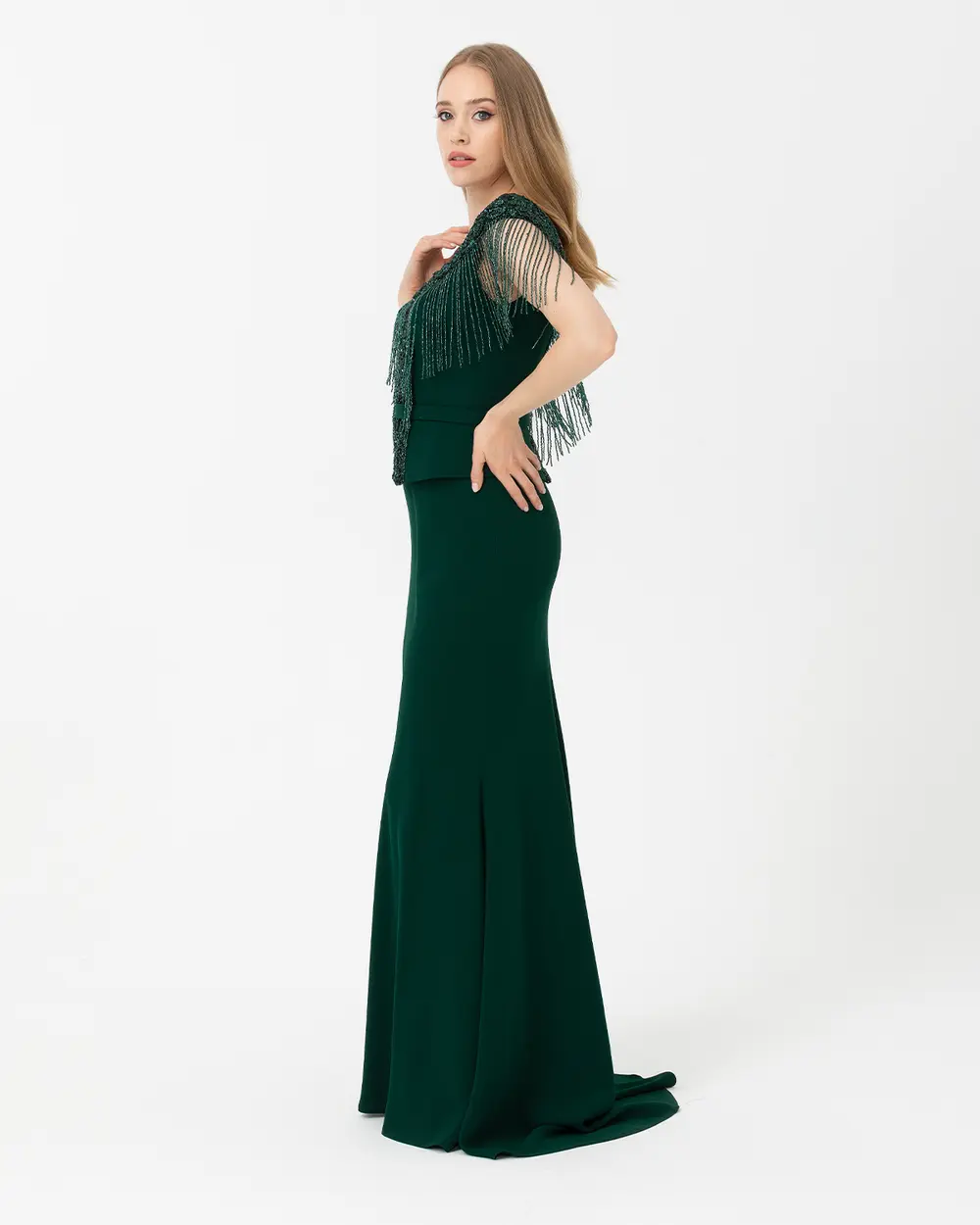 Fish Form V Neck Crepe Evening Dress