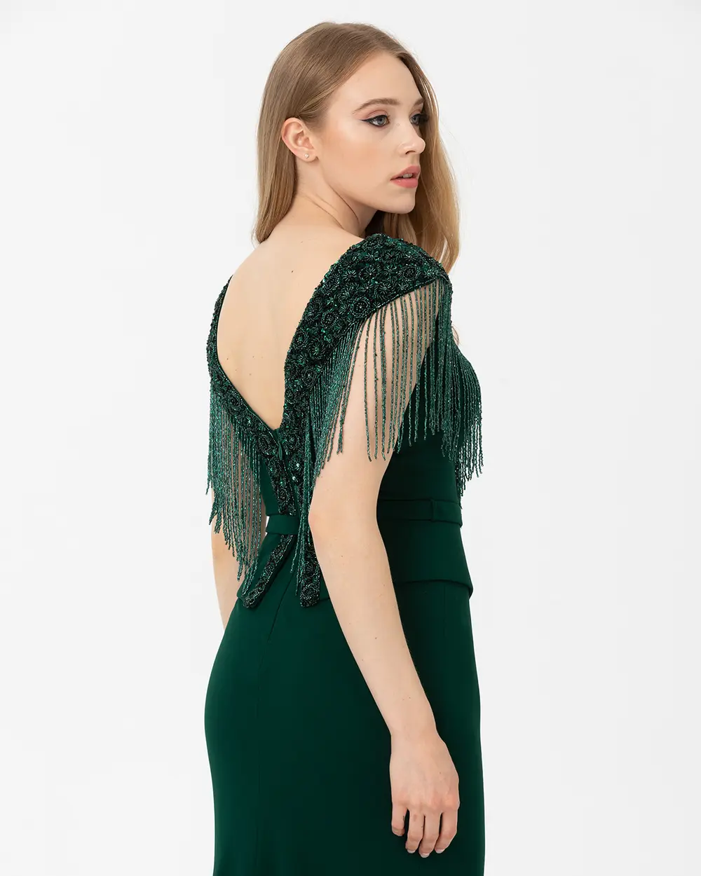 Fish Form V Neck Crepe Evening Dress