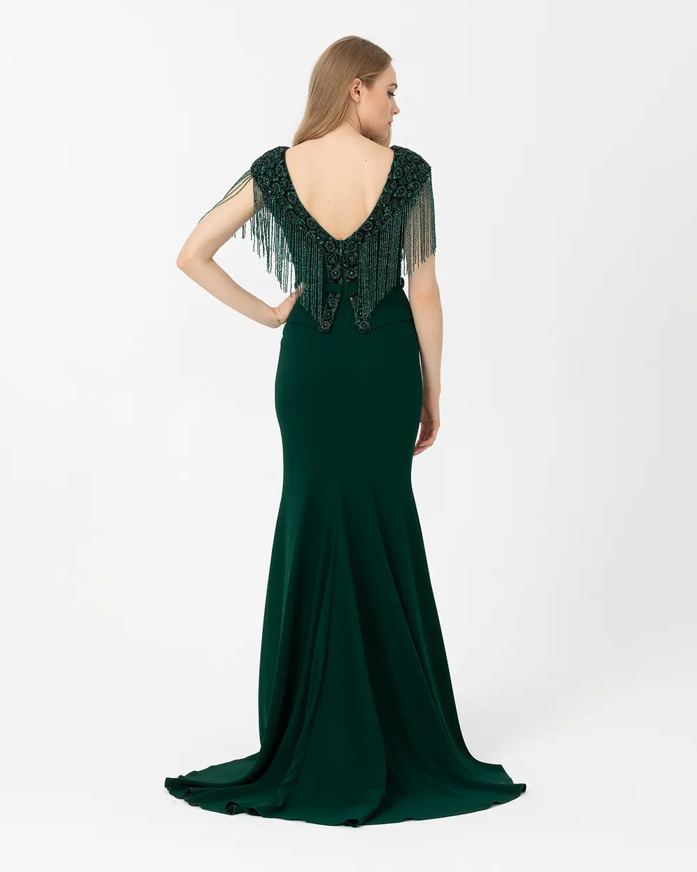 Fish Form V Neck Crepe Evening Dress