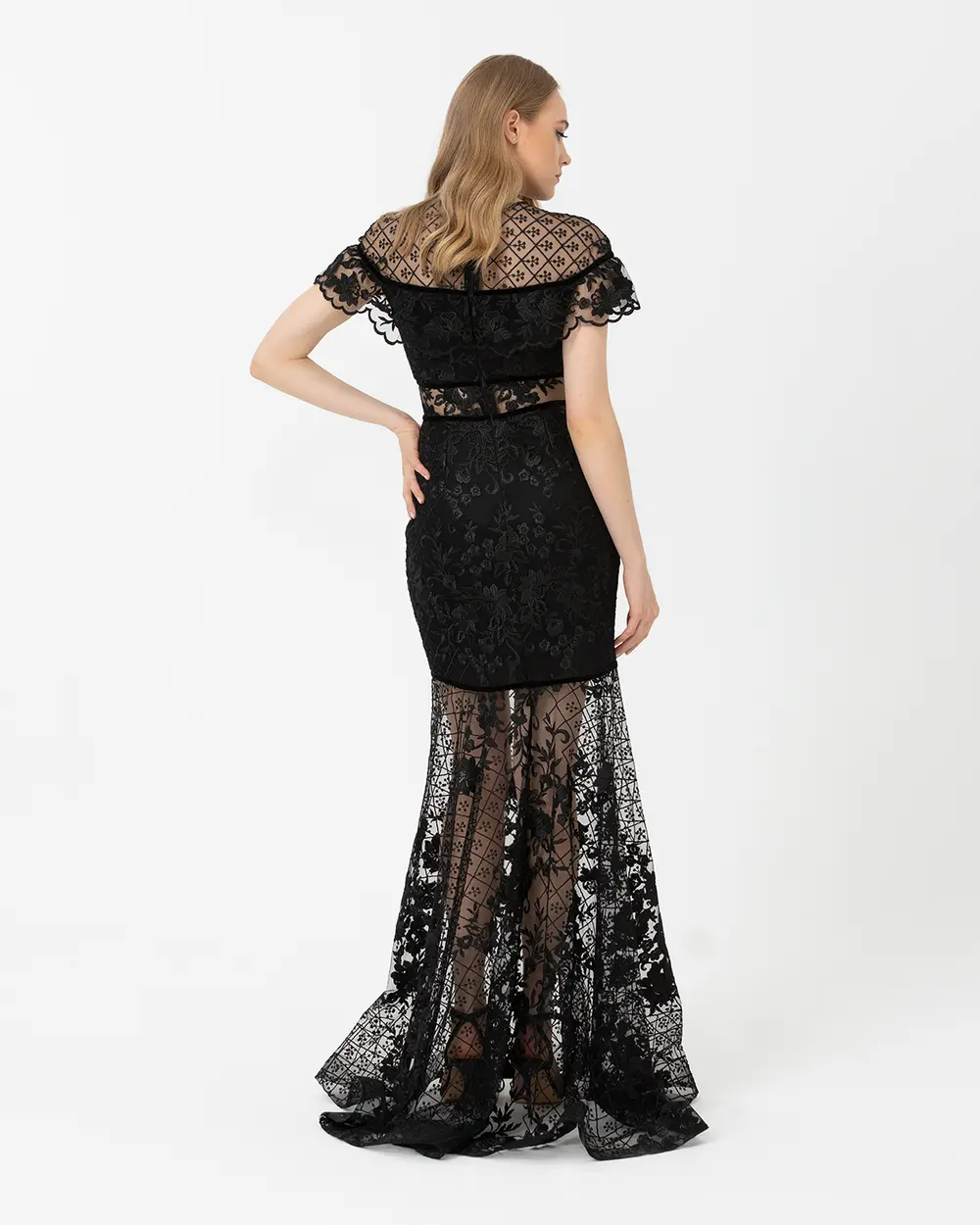Fish Form Zero Collar Lace Evening Dress