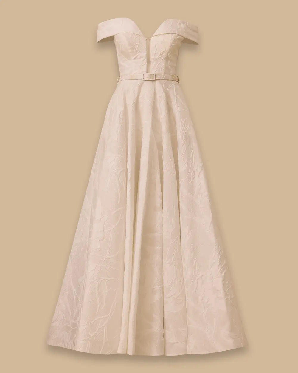 Belted Open Shoulder Jacquard Evening Dress