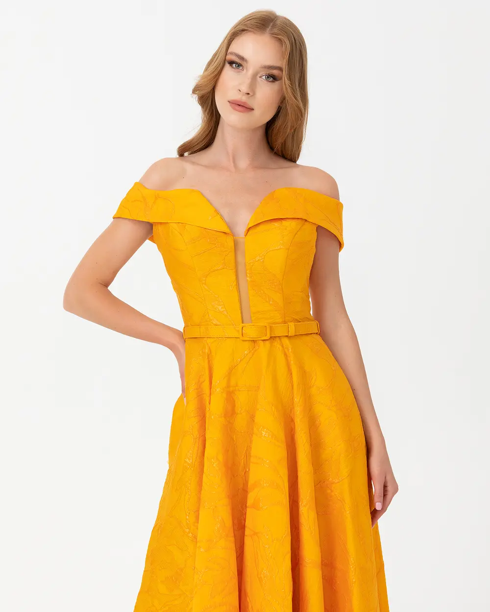 Belted Open Shoulder Jacquard Evening Dress