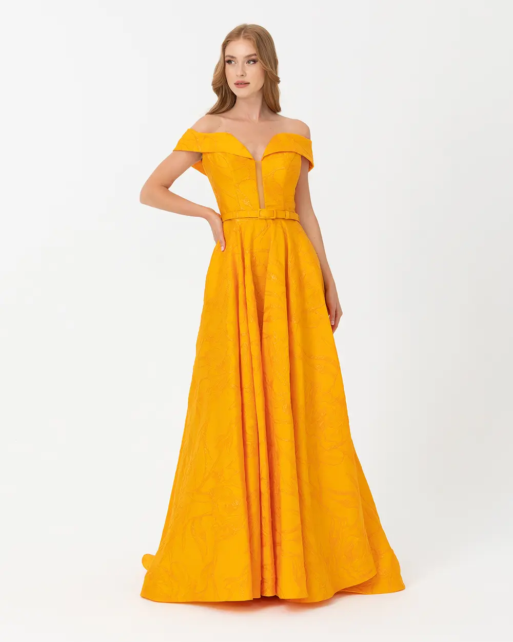 Belted Open Shoulder Jacquard Evening Dress