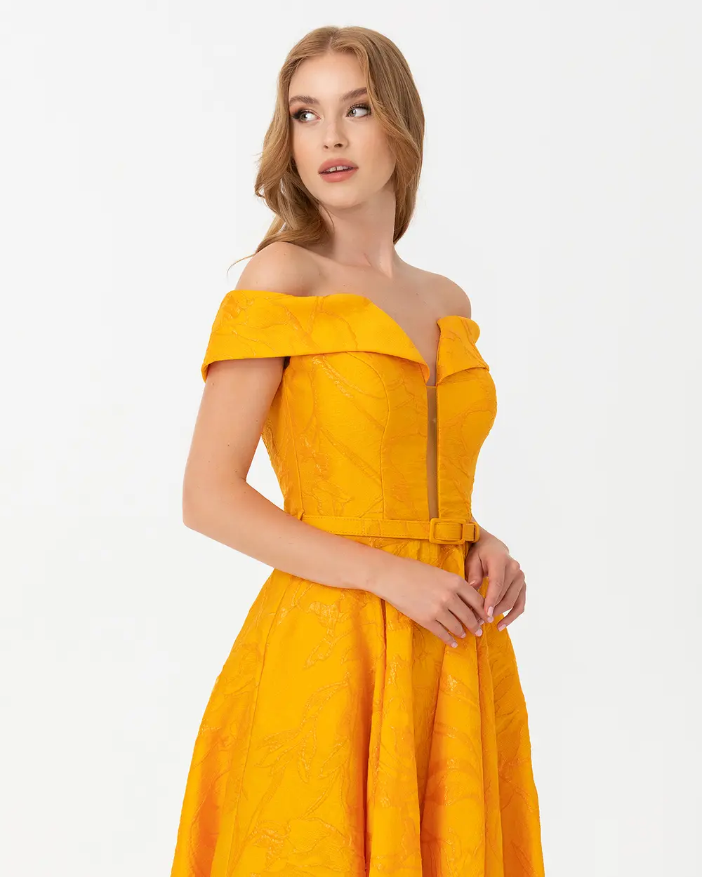 Belted Open Shoulder Jacquard Evening Dress