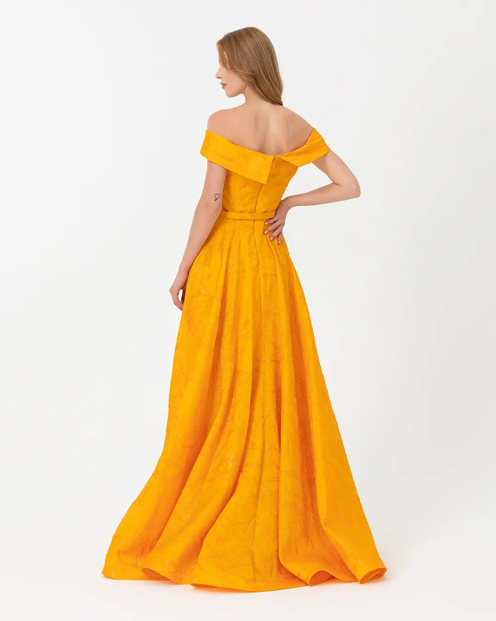 Belted Open Shoulder Jacquard Evening Dress