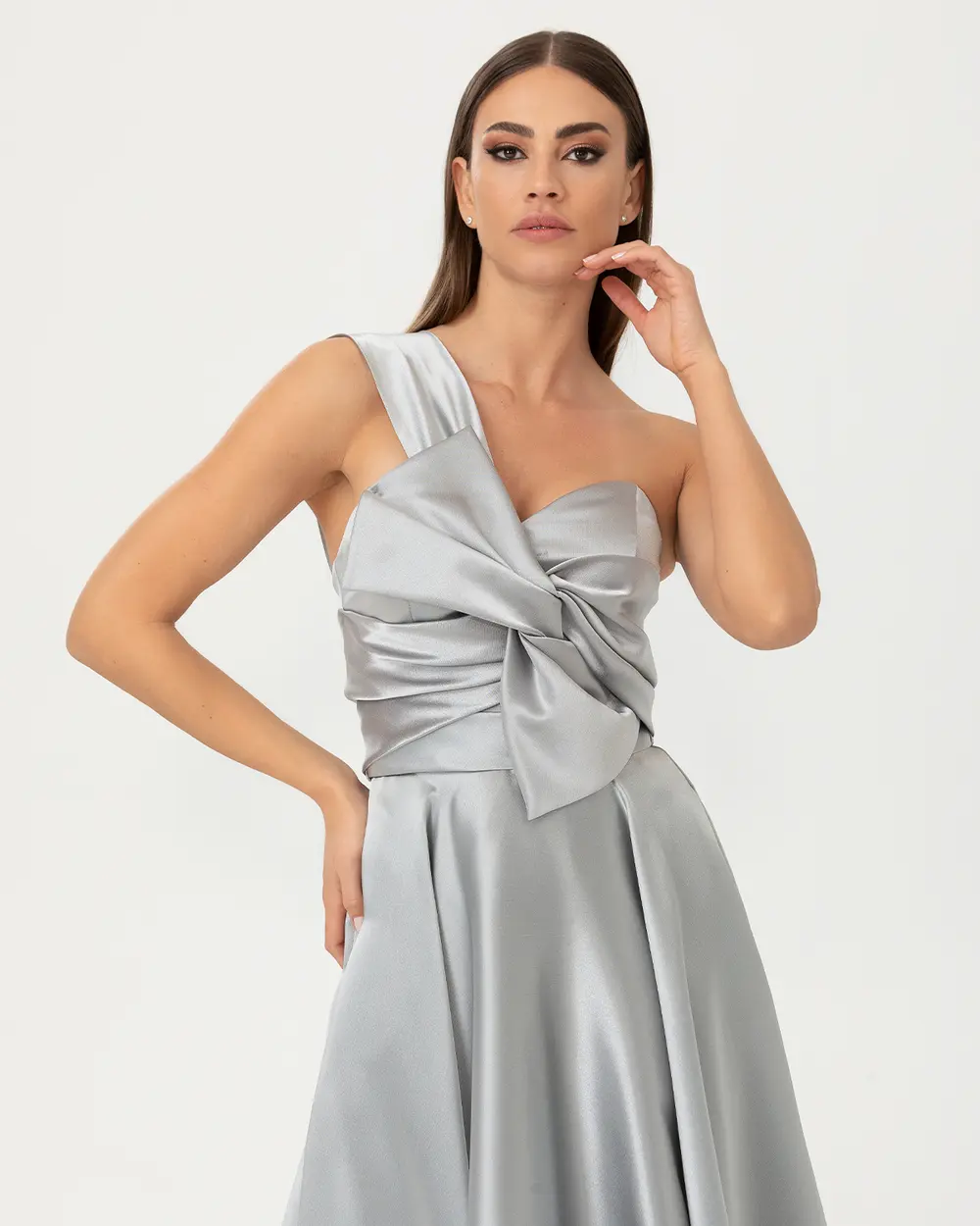 Lace Detailed Satin Evening Dress