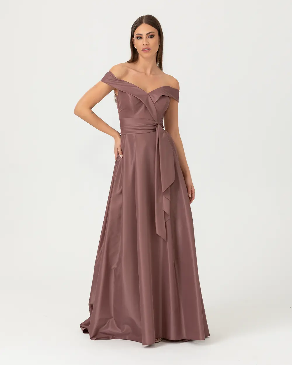 A Cut Open Shoulder Evening Dress