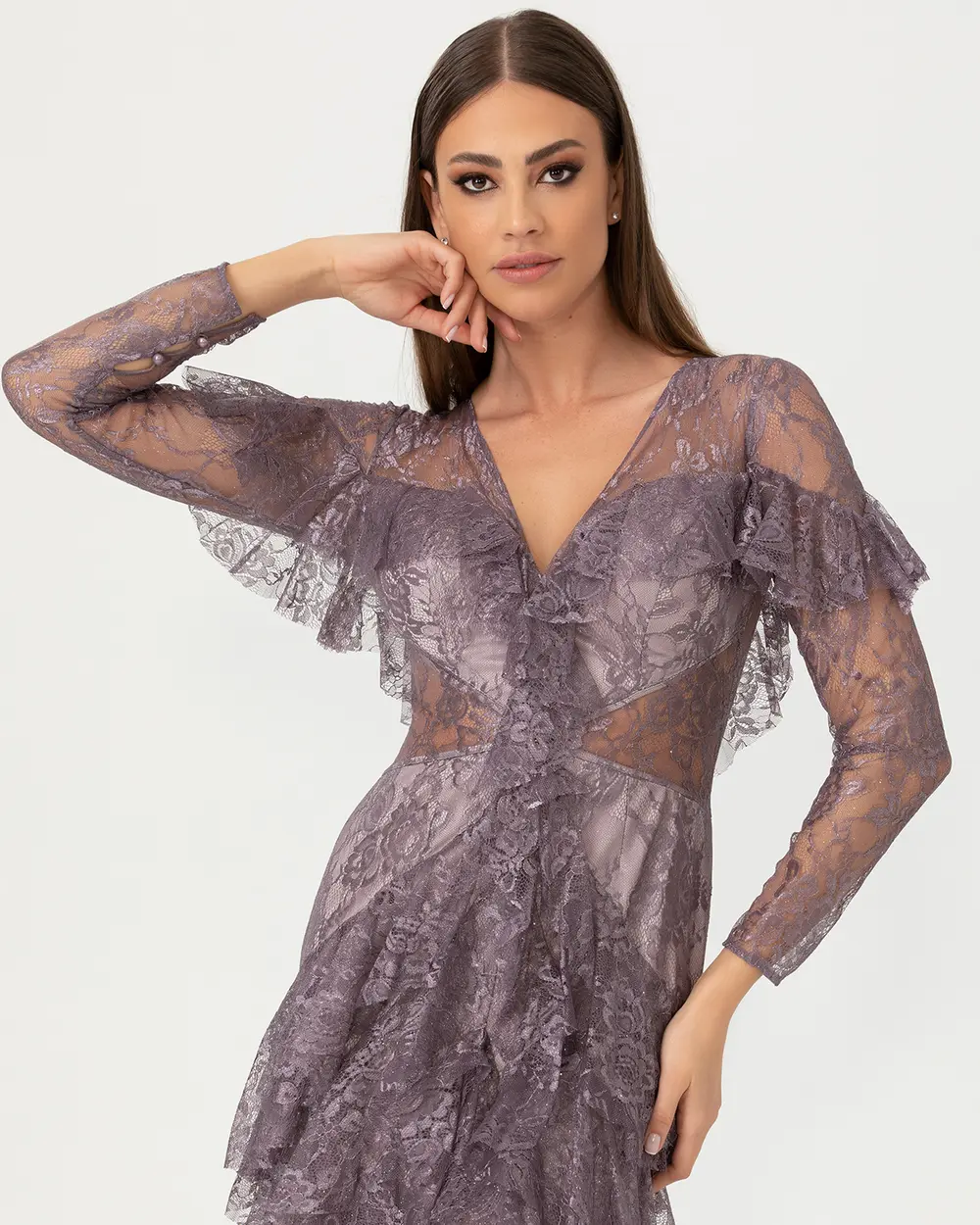 A-Line V Neck Lace Evening Dress