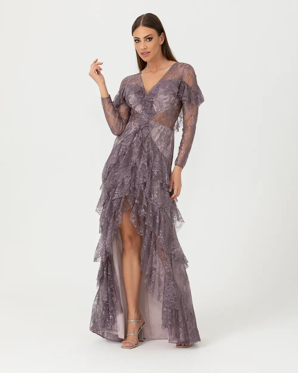 A-Line V Neck Lace Evening Dress