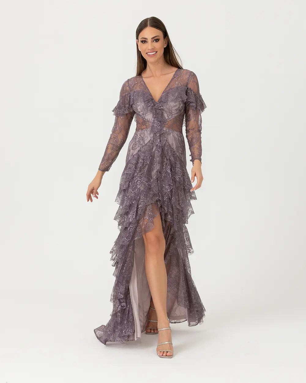 A-Line V Neck Lace Evening Dress