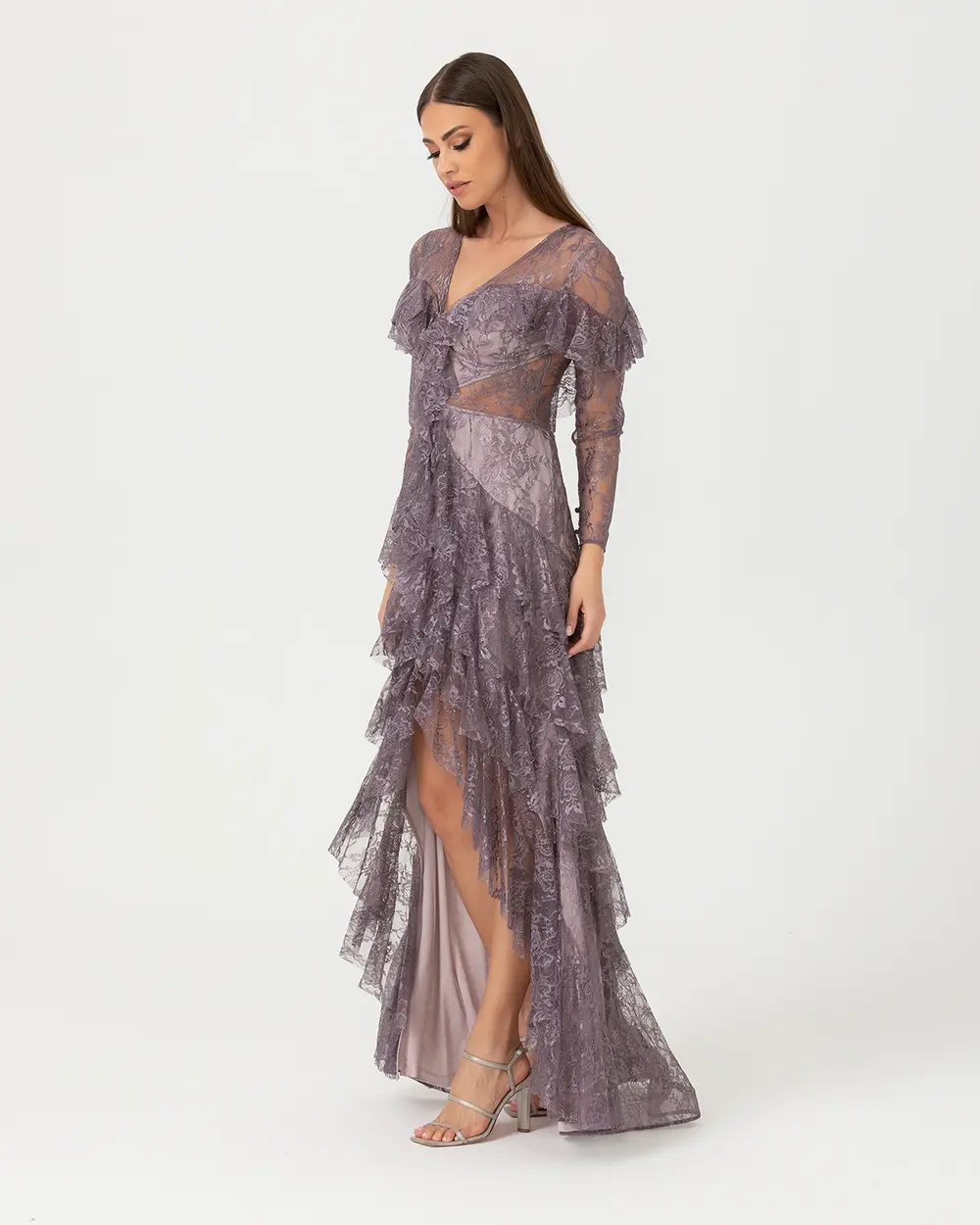 A-Line V Neck Lace Evening Dress