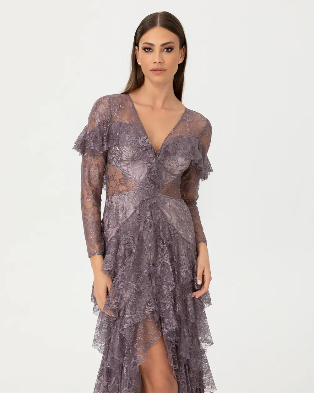 A-Line V Neck Lace Evening Dress