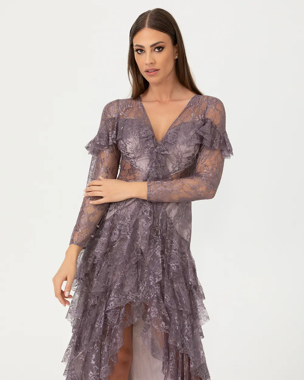 A-Line V Neck Lace Evening Dress