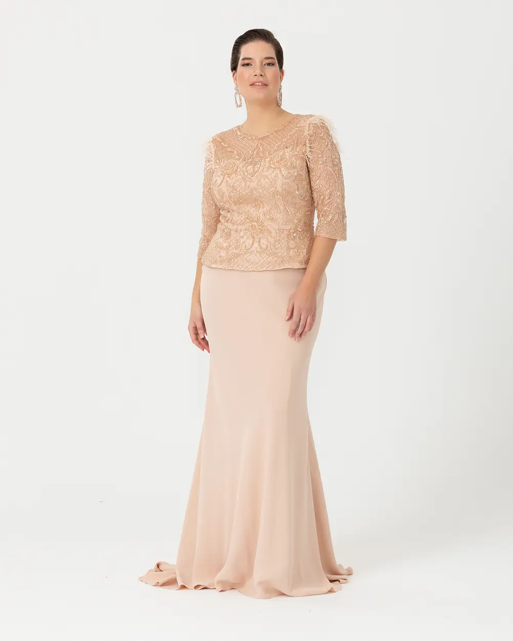 Büyük Beden Balık Form Transparan Yaka Krep Abiye