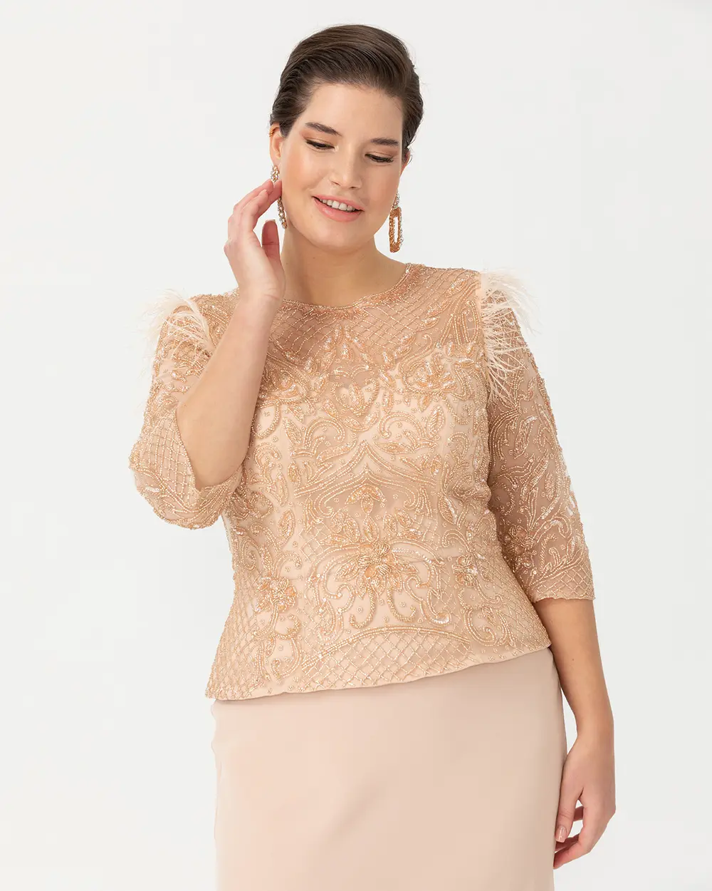 Büyük Beden Balık Form Transparan Yaka Krep Abiye