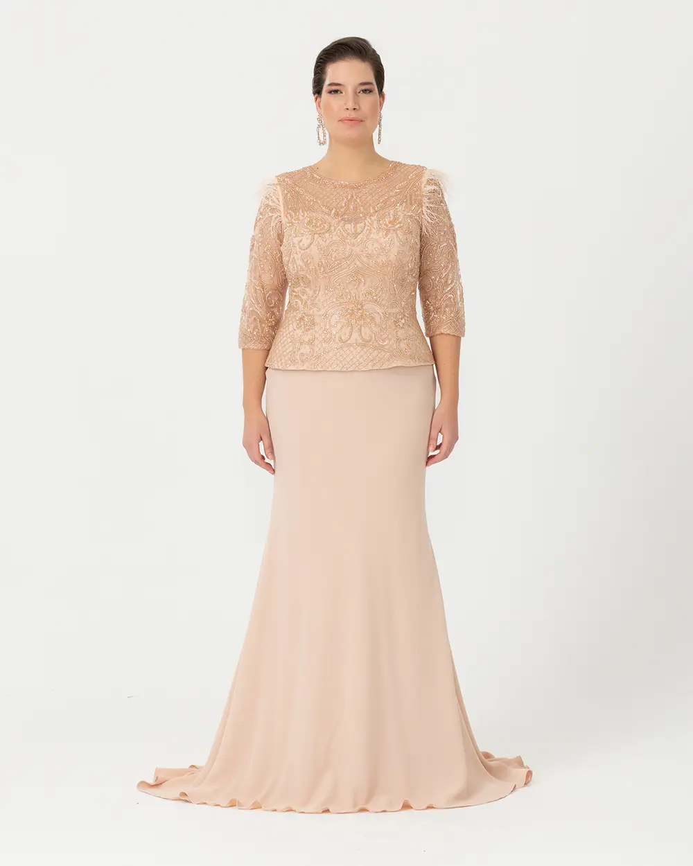 Büyük Beden Balık Form Transparan Yaka Krep Abiye