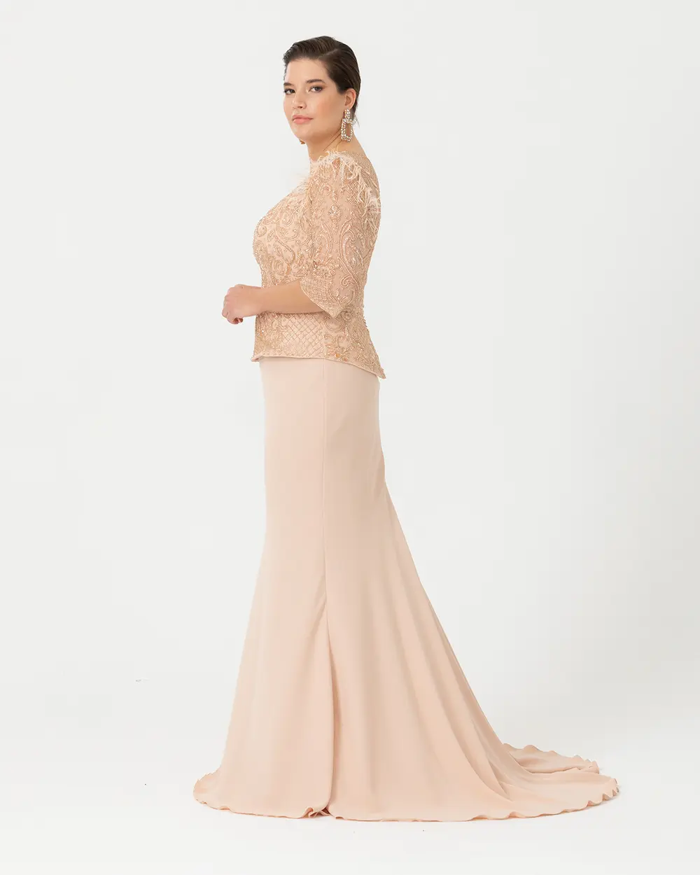 Büyük Beden Balık Form Transparan Yaka Krep Abiye