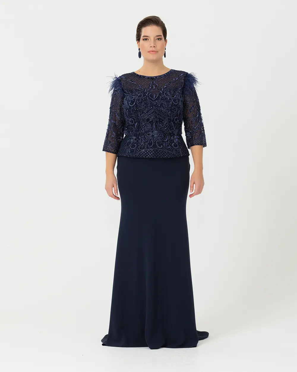  Plus Size Fish Form Transparent Collar Crepe Evening Dress