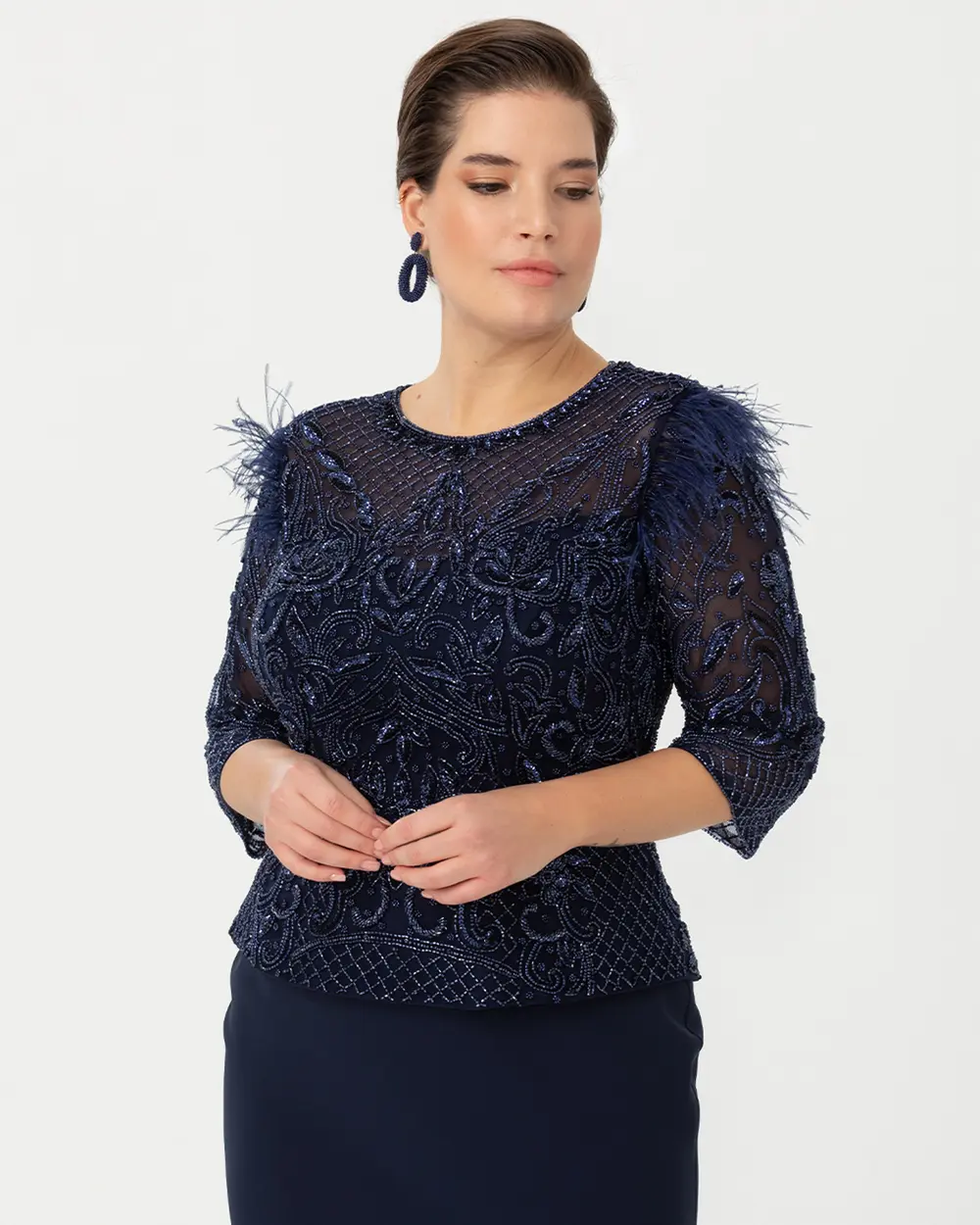  Plus Size Fish Form Transparent Collar Crepe Evening Dress