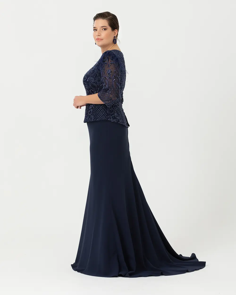  Plus Size Fish Form Transparent Collar Crepe Evening Dress