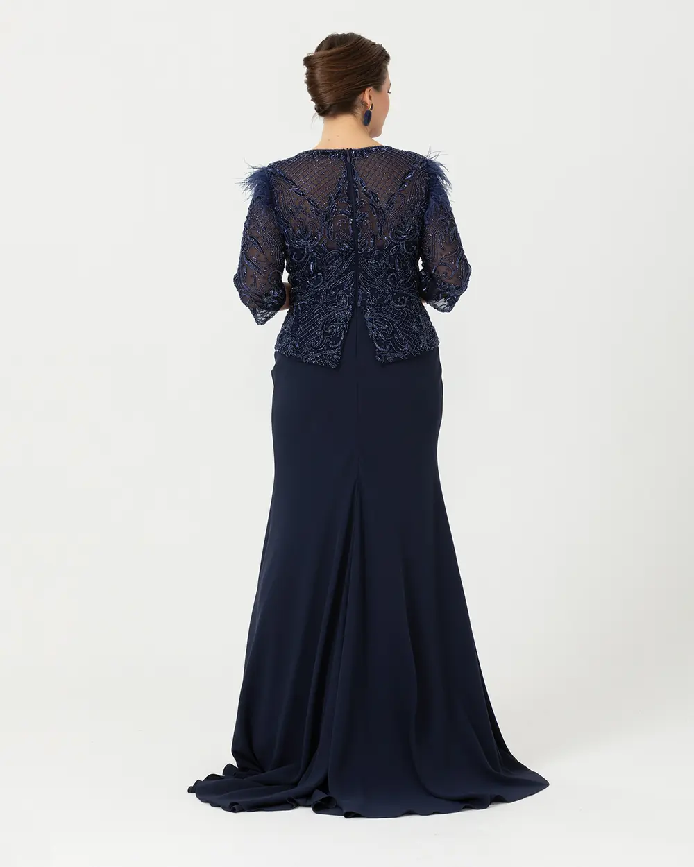  Plus Size Fish Form Transparent Collar Crepe Evening Dress