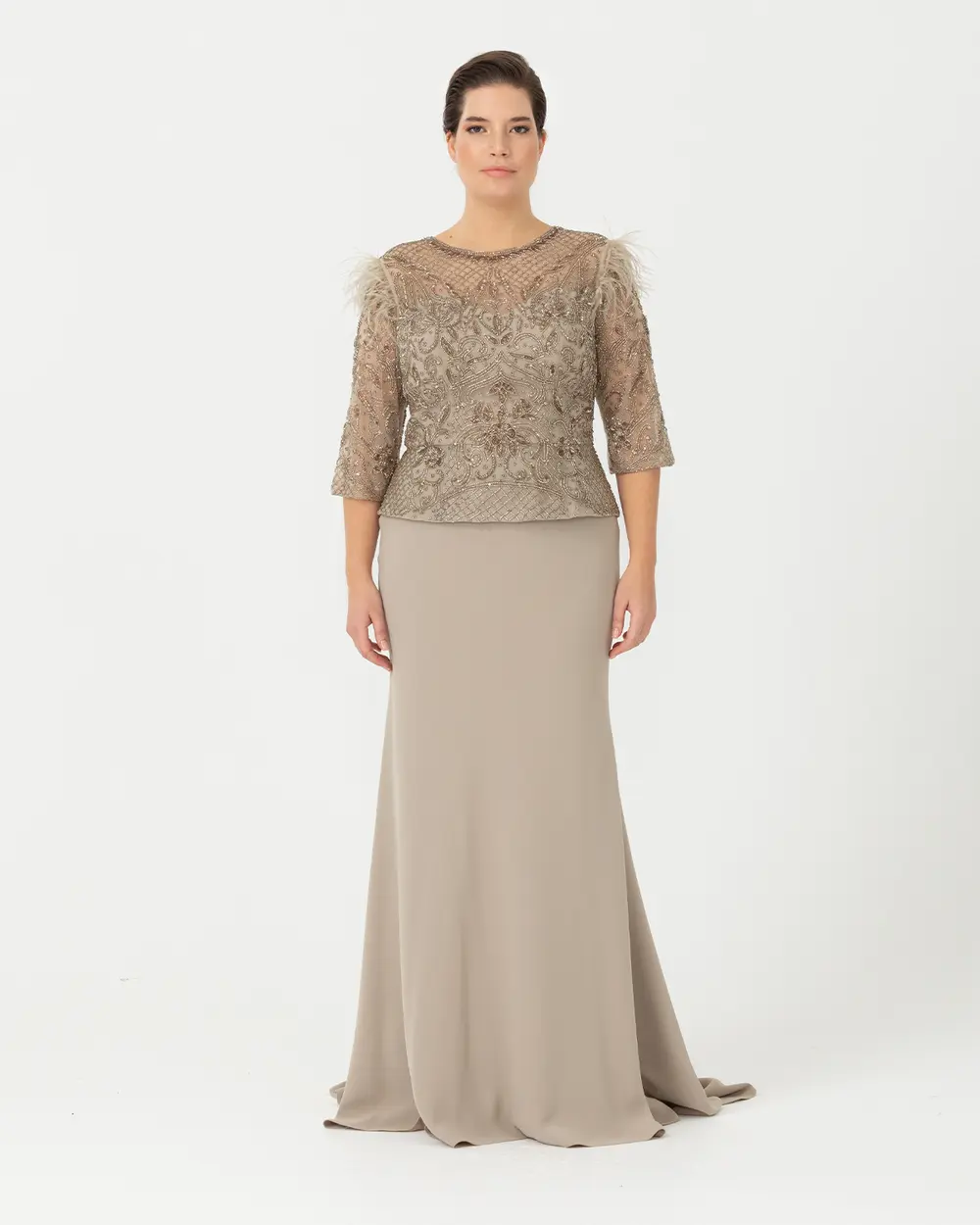 Plus Size Fish Form Transparent Collar Crepe Evening Dress