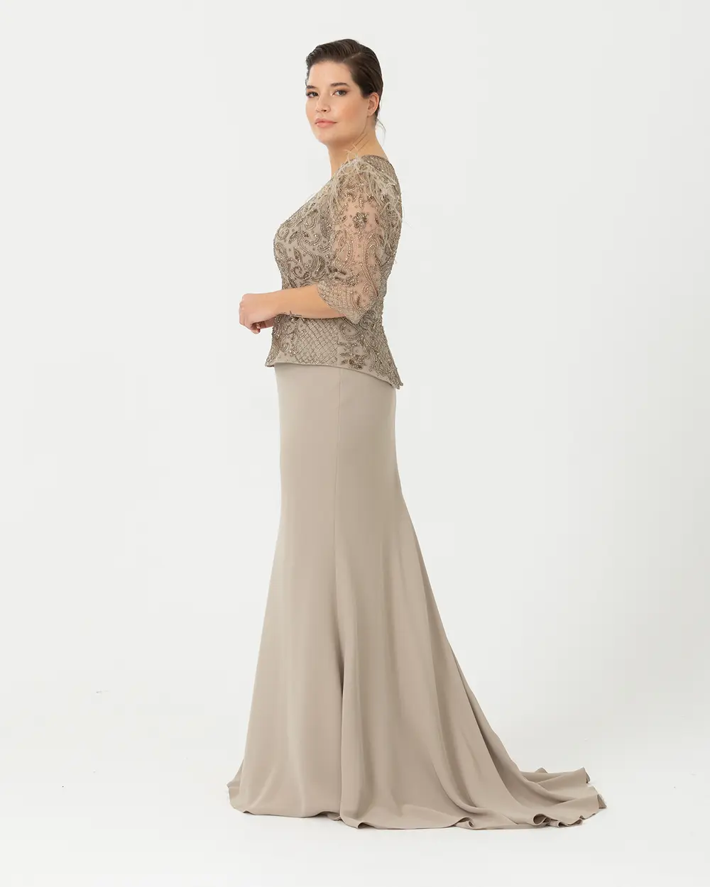 Plus Size Fish Form Transparent Collar Crepe Evening Dress