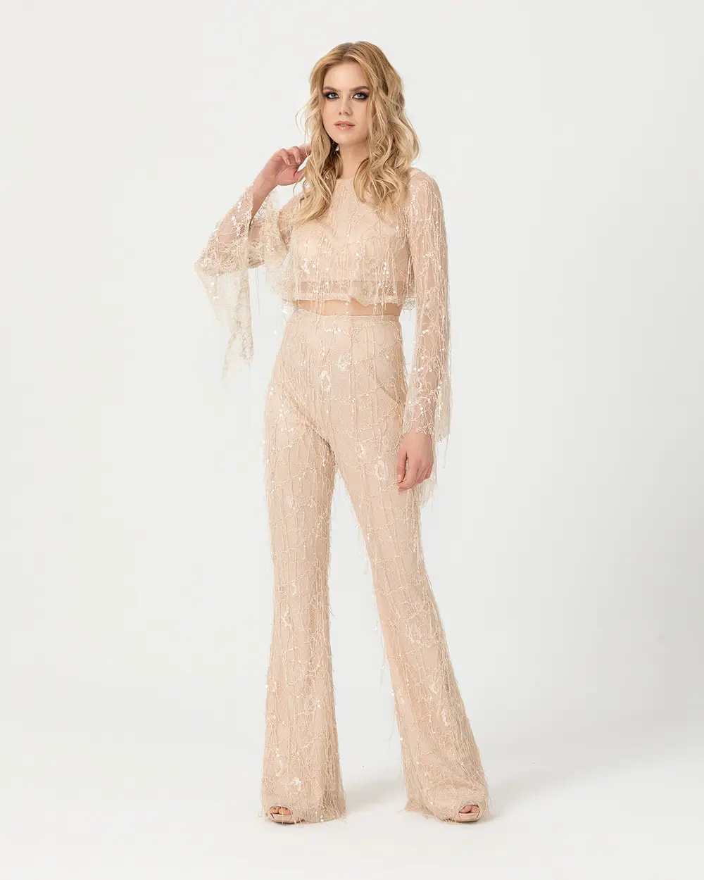 Payet İşlemeli Geniş Paçalı Dantel Abiye Tulum