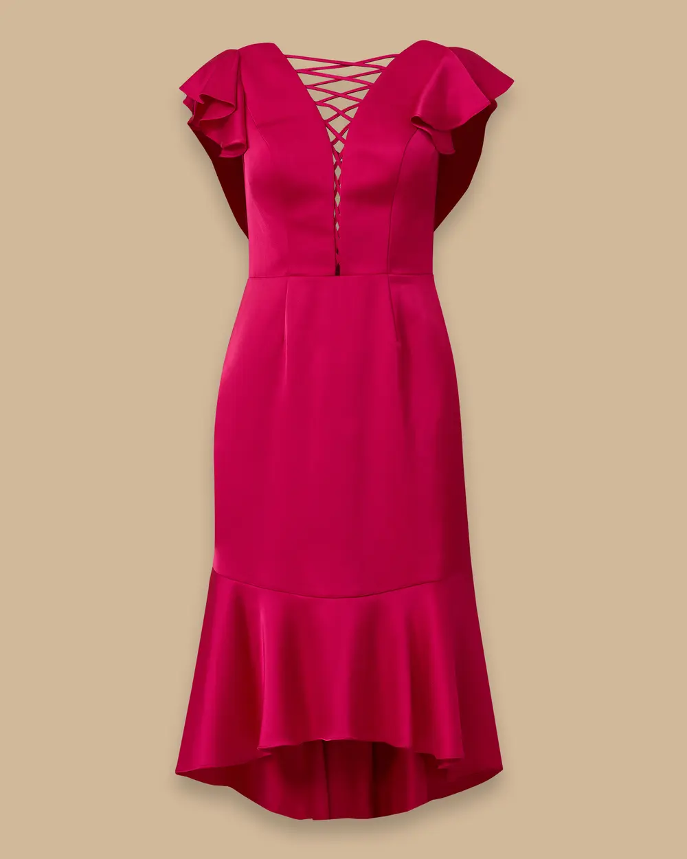 Dar Form V Yaka Volanlı Saten Abiye