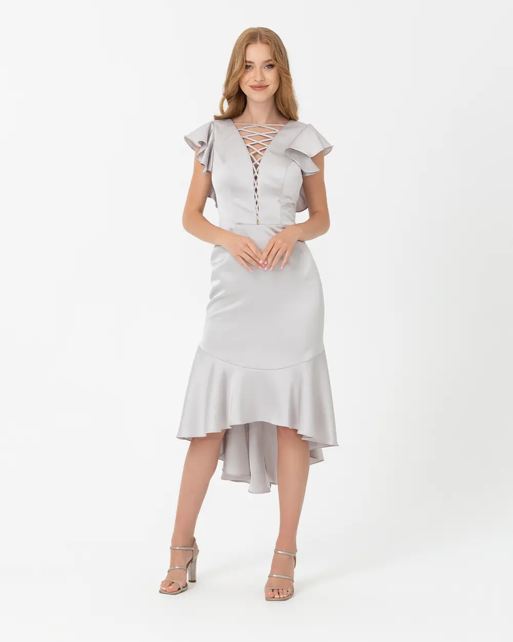 Dar Form V Yaka Volanlı Saten Abiye