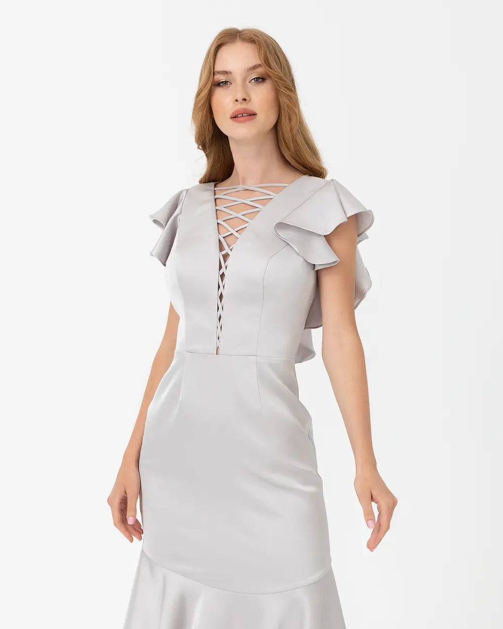 Dar Form V Yaka Volanlı Saten Abiye