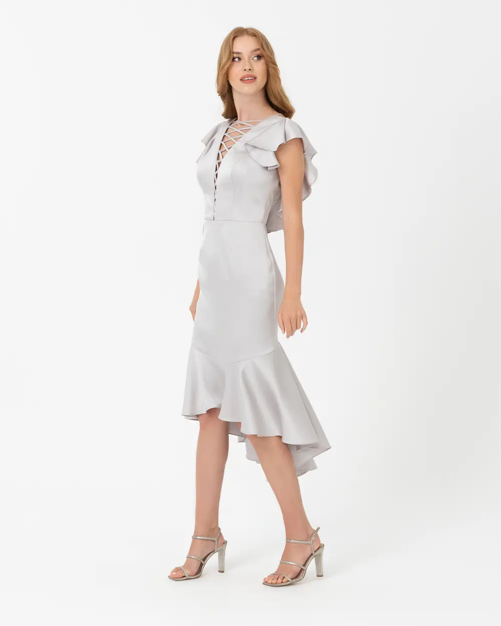 Dar Form V Yaka Volanlı Saten Abiye