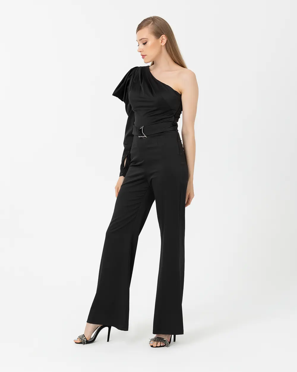 Tek Omuz Saten Abiye Tulum