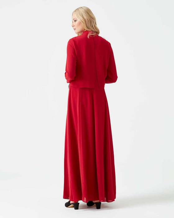 ÖNÜ İŞLEMELİ UZUN BOY ELBİSE