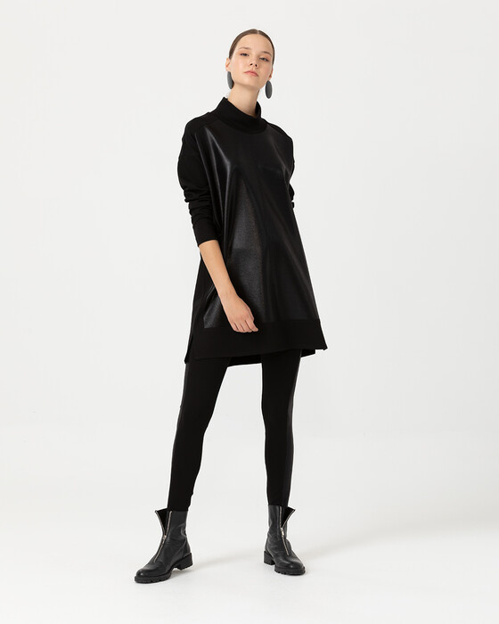 Deri Görünümlü Yarım Boğazlı Tunik
