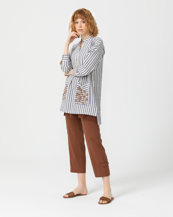 Cepleri Işlemeli Çizgili Tunik