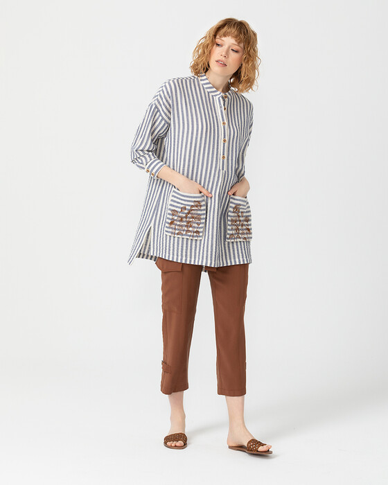 Cepleri Işlemeli Çizgili Tunik