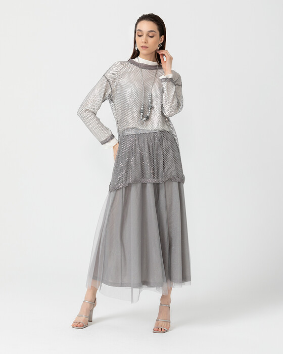 Iç Bluzlu Metalik File Tunik