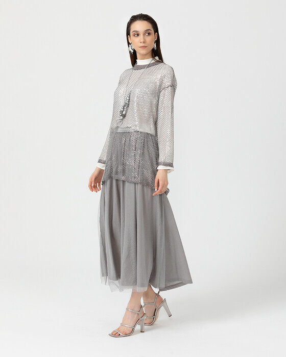 Iç Bluzlu Metalik File Tunik