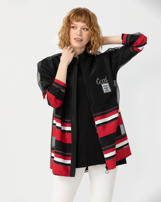 Şeritli Şifon Ceket