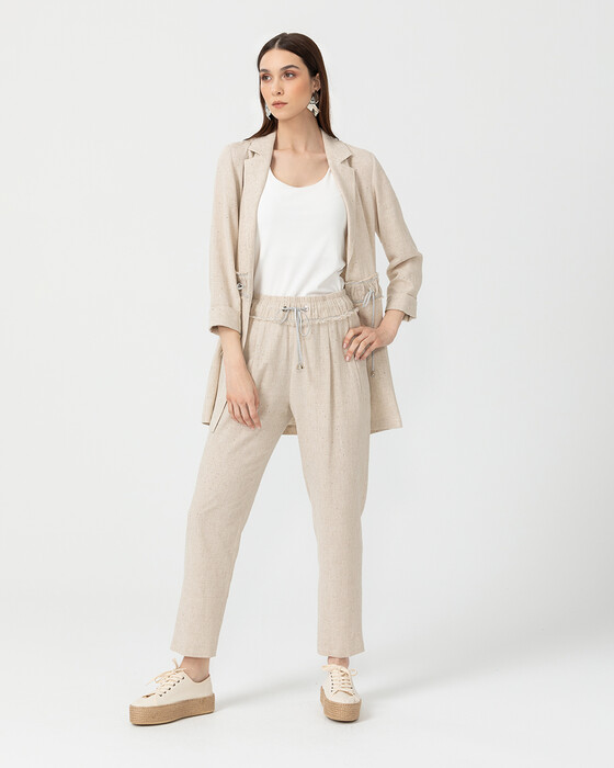 Beli Bağcıklı Keten Ceket