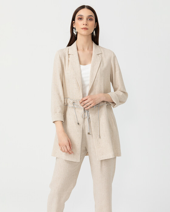 Beli Bağcıklı Keten Ceket