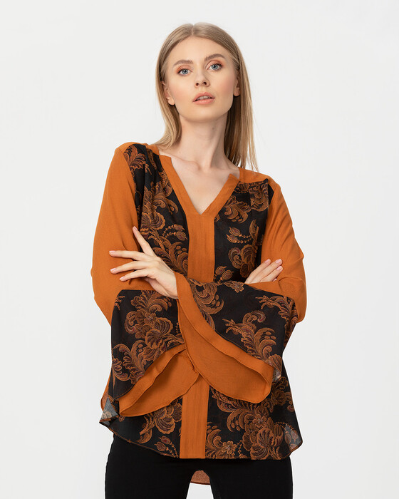Volan Kollu Mix Desenli Bluz