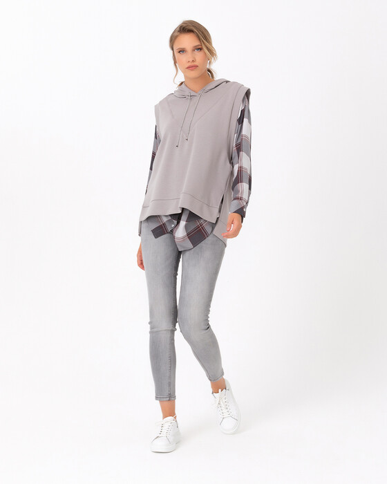Ekose Desenli Gömlek Detaylı Sweatshırt