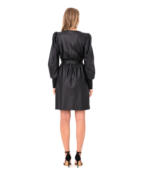 SEÇİL PRINCESS SLEEVE BELTED FAUX LEATHER DRESS