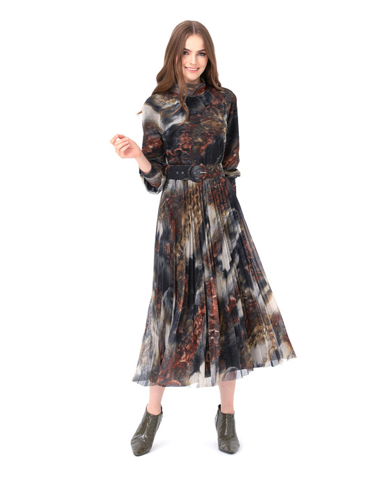 Eteği Pliseli Desenli Elbise