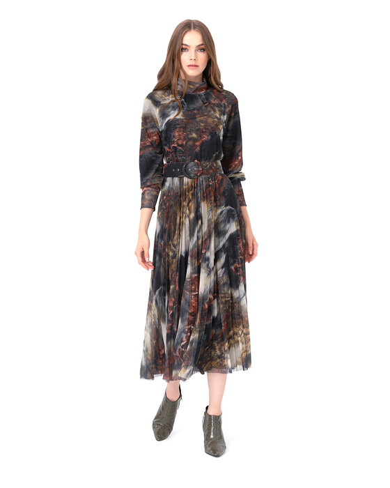 Eteği Pliseli Desenli Elbise