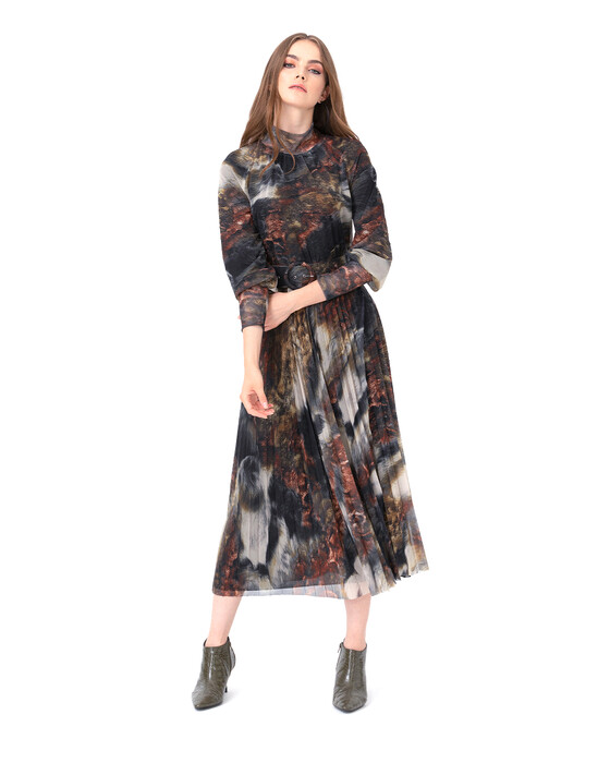 Eteği Pliseli Desenli Elbise