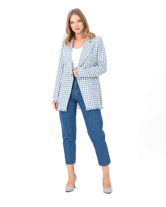 Püskül Detaylı Kazayağı Desenli Ceket